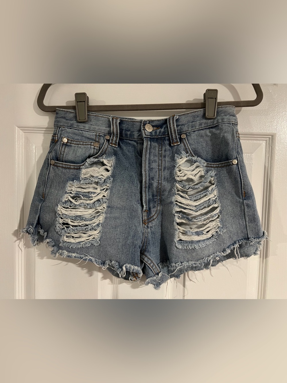 MINKPINK High Waist Denim Jean Shorts cut offs button fly distressed sz M holes